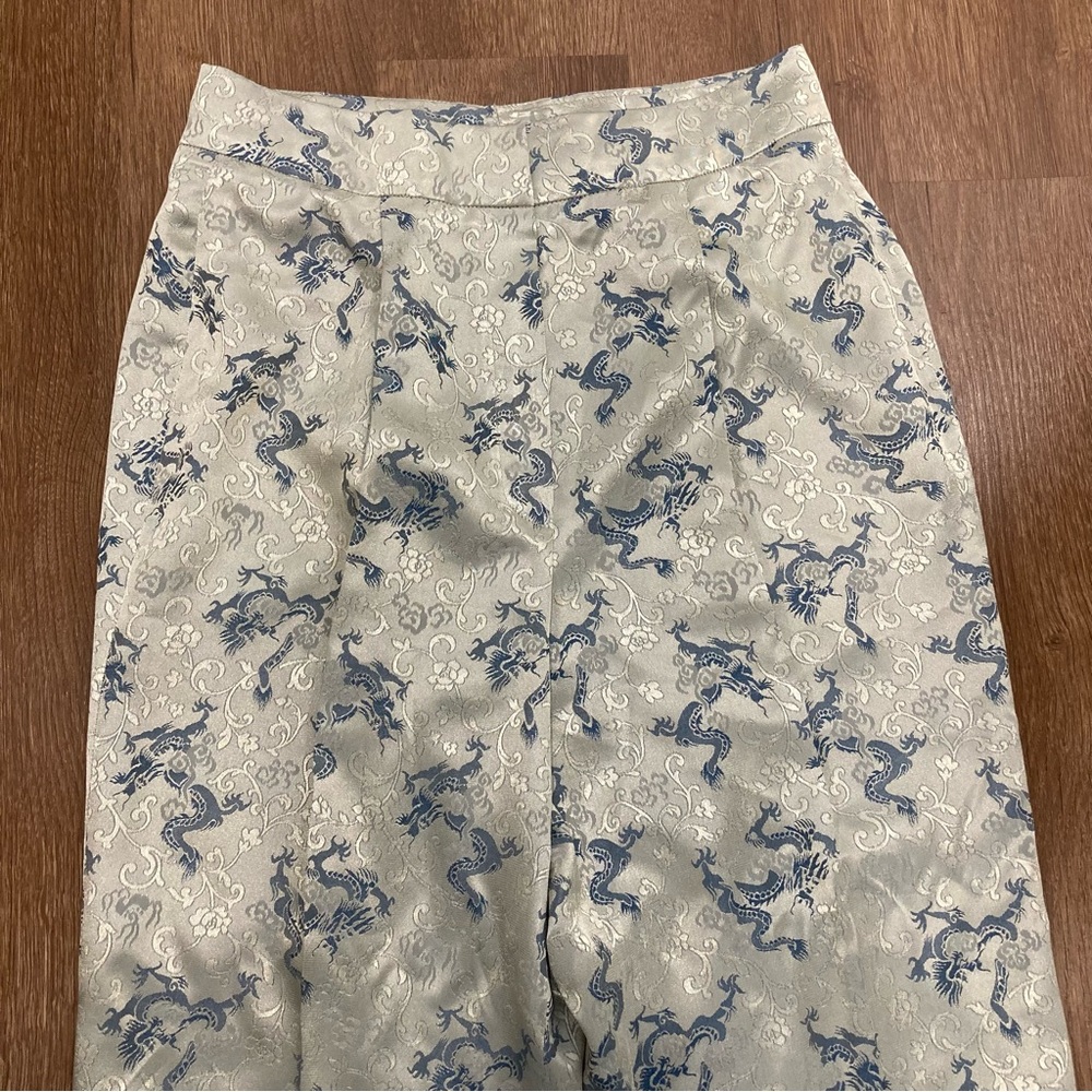 Women’s Dragon & Rose Light Green & Blue Patterned Pants High Waist Wide Leg - Picture 7 of 12